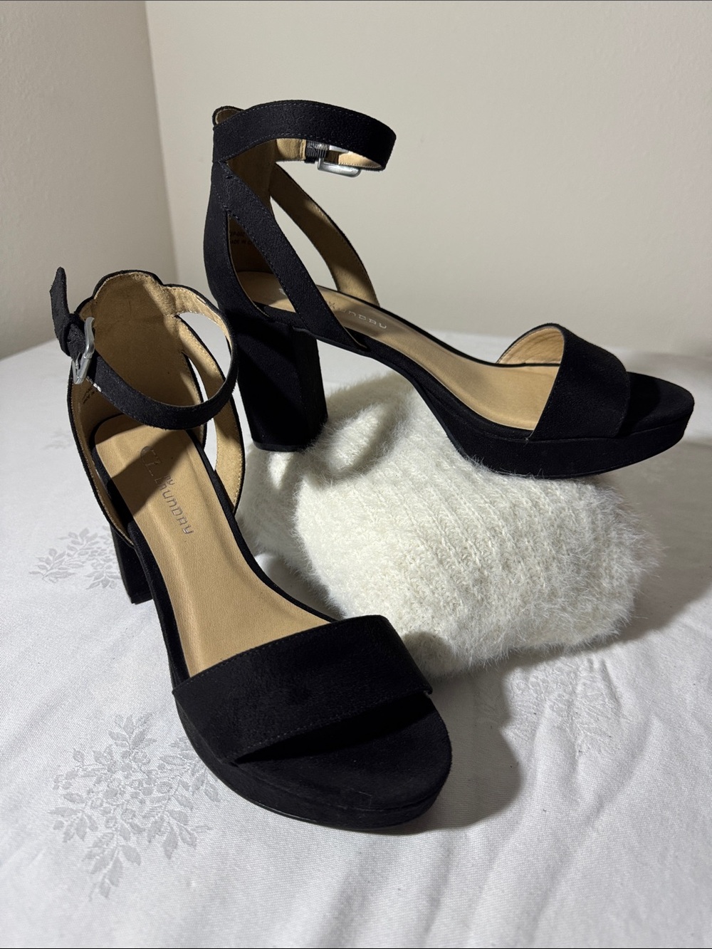 Chinese Laundry Black Suede 3” Heel Platform Ankle-Strap Block Heels